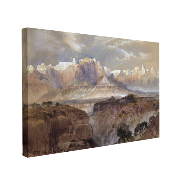 Single, 2:3 horizontal easy to hang canvas print on a transparent background featuring an image of watercolor mountains in shades of brown, blue and white.