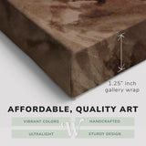 Corner shot of a Whelhung easy to hang canvas print showing the 1.25” inch gallery wrap thickness and graphic saying "Affordable, Quality Art", "Vibrant Colors", "Handcrafted", "Ultralight" and "Sturdy Design."