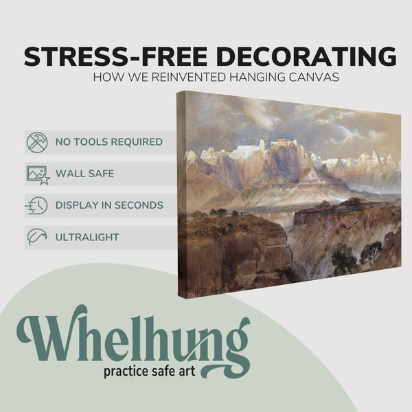 Single, 2:3 horizontal easy to hang canvas print on a graphic displaying the stress-free decorating Whelhung offers, how we reinvented hanging canvas: "no tools required", "wall safe", "display in seconds" and "ultralight."