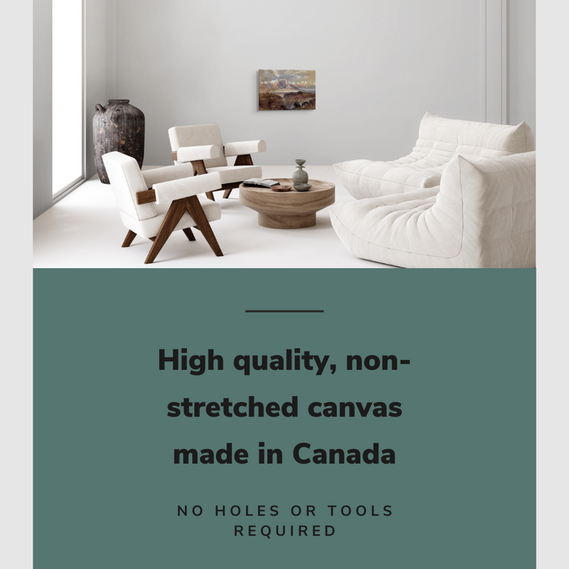 Lifestyle image of the horizontal 12x18” inch easy to hang canvas wall art hung in a living room above a couch with graphic saying "High quality, non-stretched canvas made in Canada."