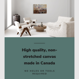 Lifestyle image of the horizontal, 20x30” inch easy to hang canvas wall art hung in a living room above a couch with graphic saying "High quality, non-stretched canvas made in Canada"