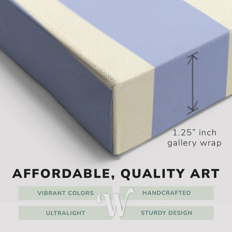 Corner shot of a Whelhung easy to hang canvas print showing the 1.25" inch gallery wrap thickness and graphic saying "Affordable, Quality Art", "Vibrant Colors", "Handcrafted", "Ultralight" and "Sturdy Design."