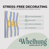 Single, 2:3 vertical easy to hang canvas prints on a graphic displaying the stress-free decorating Whelhung offers, how we reinvented hanging canvas: "no tools required", "wall safe", "display in seconds" and "ultralight." 