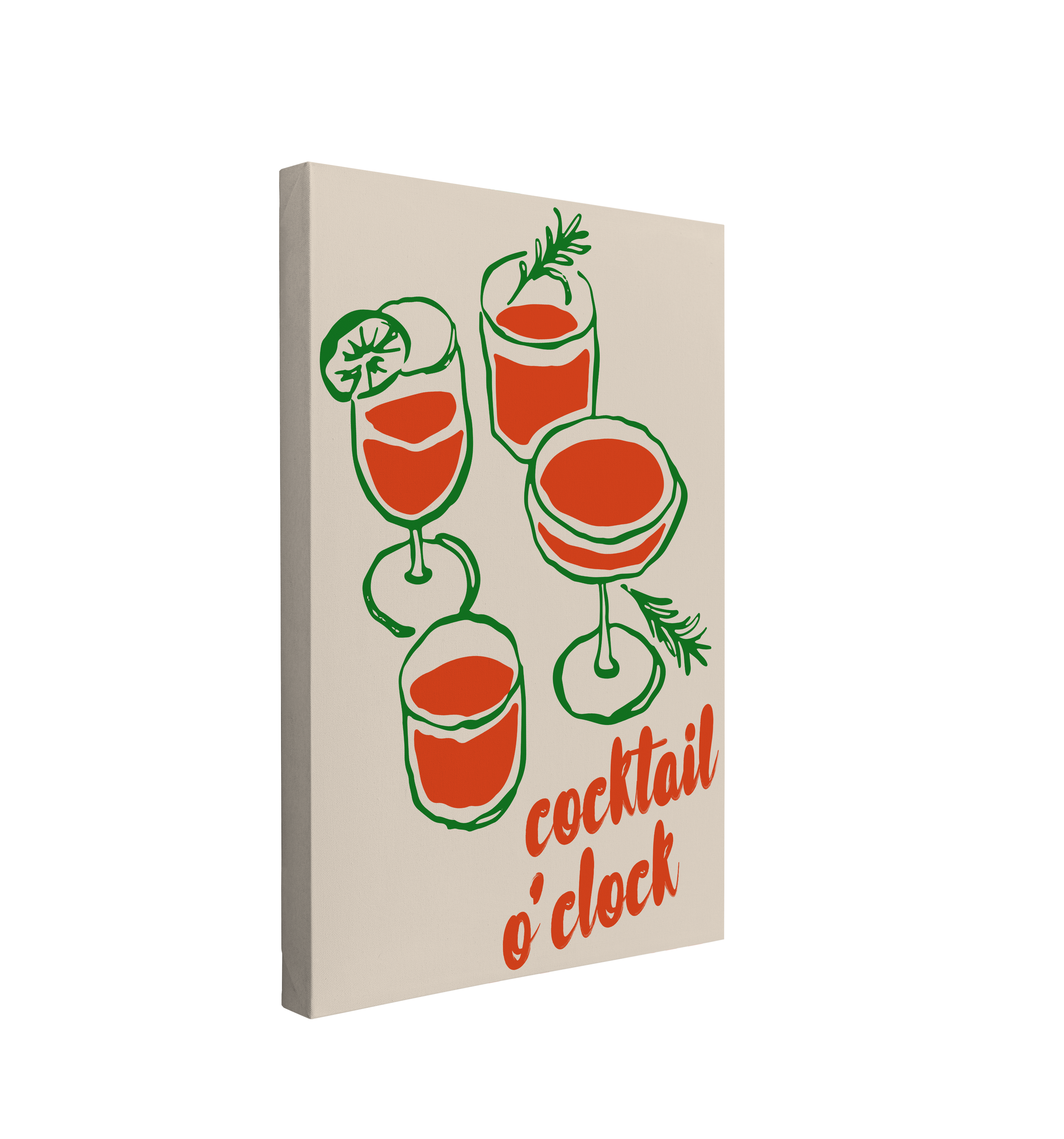 Single 2:3 ratio, vertical easy to hang canvas prints on a transparent background featuring a red and green graphic of cocktail glasses on a white background with "cocktail o' clock" written in a red cursive font diagonally in the bottom right corner.