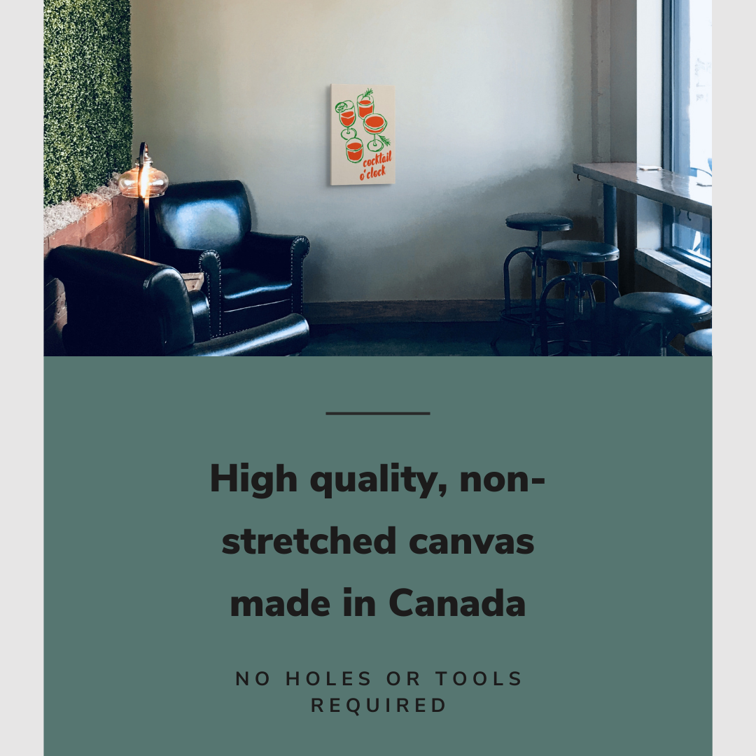 Lifestyle image of the vertical 12x18" inch easy to hang canvas wall art hung in a bar setting with barstools and couches with graphic saying "High quality, non-stretched canvas made in Canada"