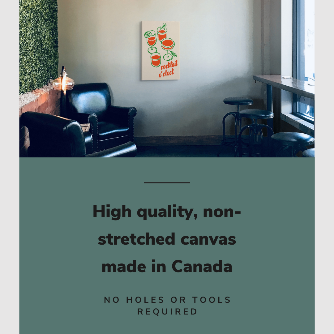 Lifestyle image of the vertical 16x24" inch easy to hang canvas wall art hung in a bar setting with barstools and couches with graphic saying "High quality, non-stretched canvas made in Canada"