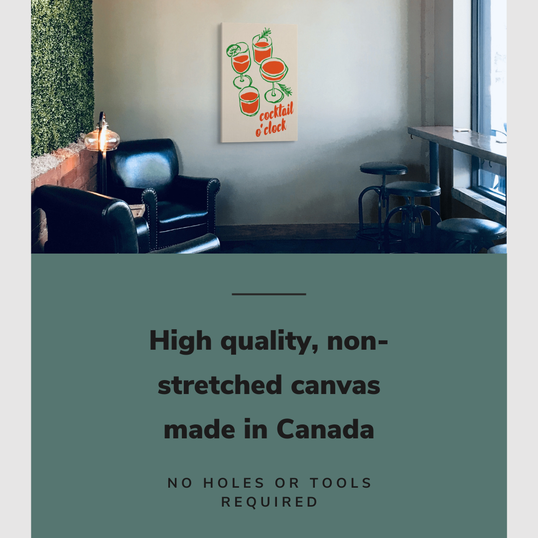 Lifestyle image of the vertical 20x30" inch easy to hang canvas wall art hung in a bar setting with barstools and couches with graphic saying "High quality, non-stretched canvas made in Canada"