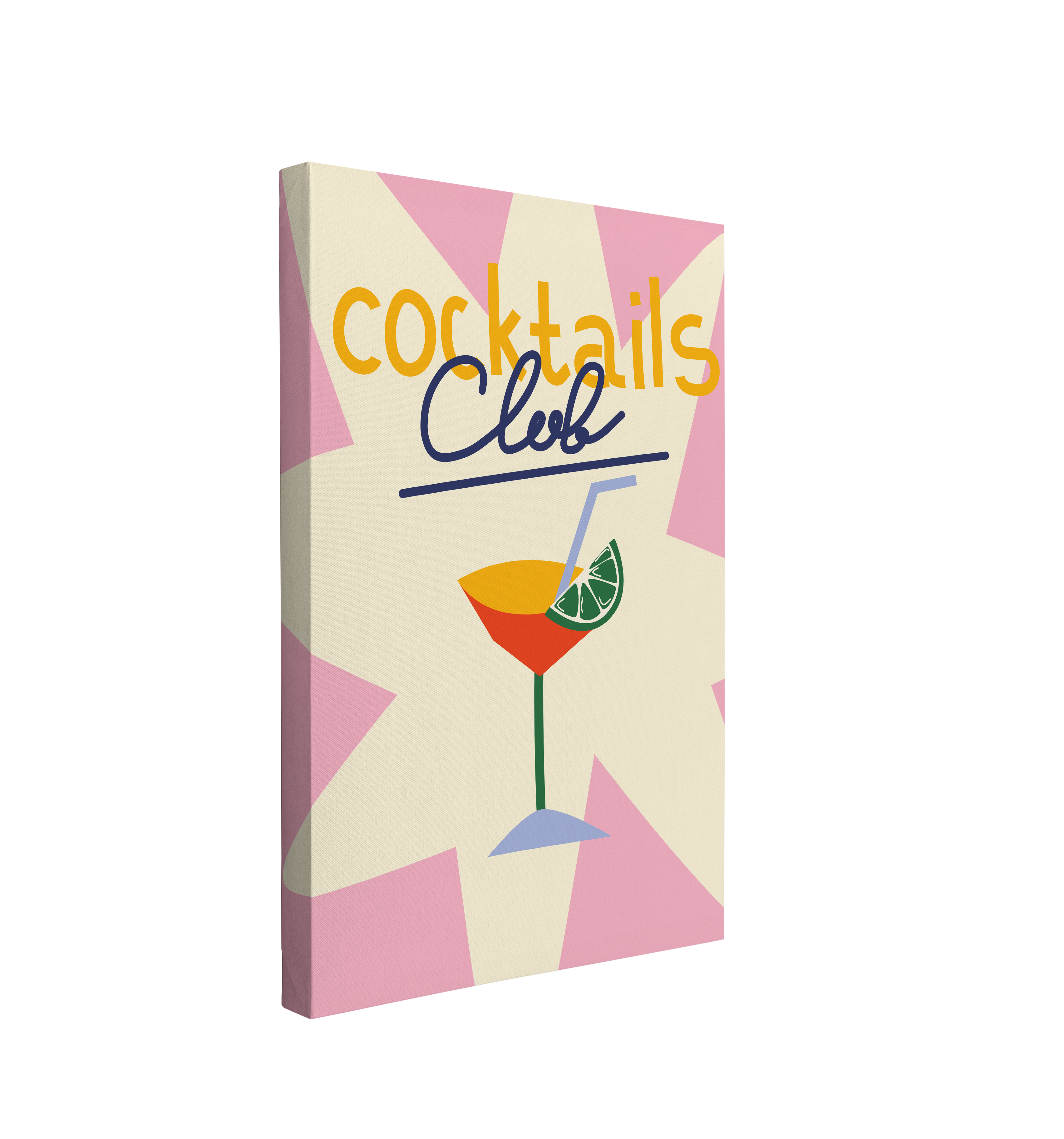 Single, 2:3 vertical easy to hang canvas prints on a transparent background featuring an image of an orange tropical cocktail graphic with a lime and straw, on a yellow and pink background with yellow and blue font, "cocktails club" at the top