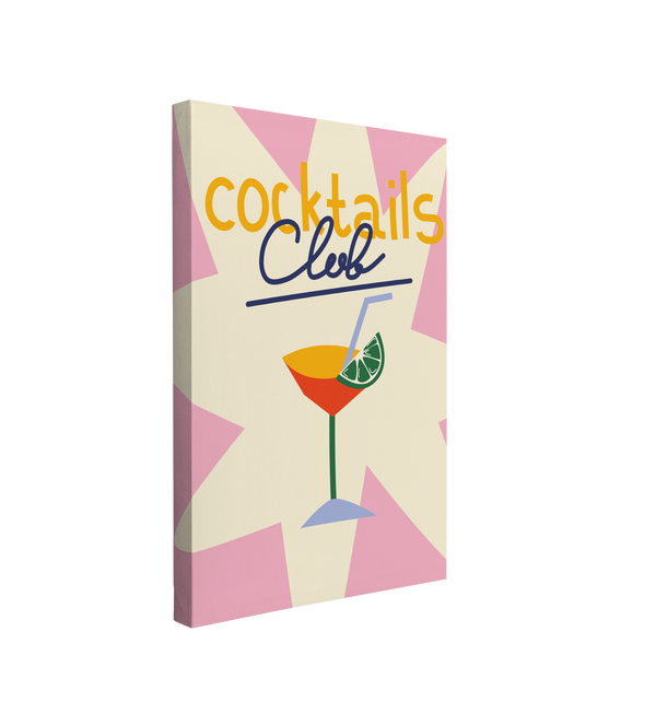 Single, 2:3 vertical easy to hang canvas prints on a transparent background featuring an image of an orange tropical cocktail graphic with a lime and straw, on a yellow and pink background with yellow and blue font, "cocktails club" at the top