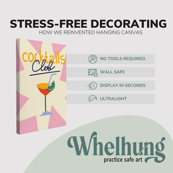 Single, 2:3 vertical easy to hang canvas prints on a graphic displaying the stress-free decorating Whelhung offers, how we reinvented hanging canvas: "no tools required", "wall safe", "display in seconds" and "ultralight."