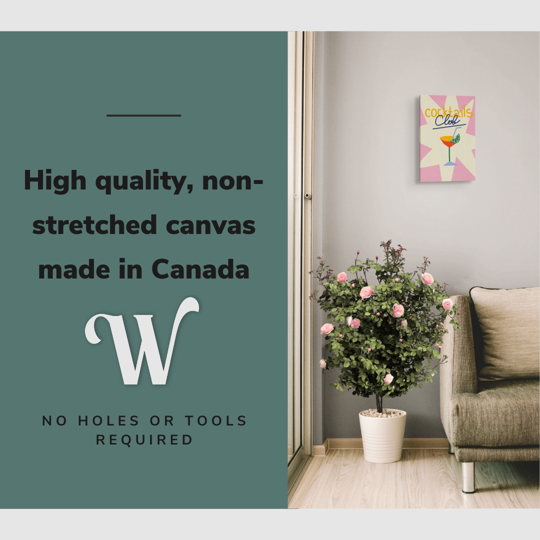 Lifestyle image of the vertical 12x18” inch easy to hang canvas wall art hung in a living room hung above a couch and rose bush with graphic saying "High quality, non-stretched canvas made in Canada"