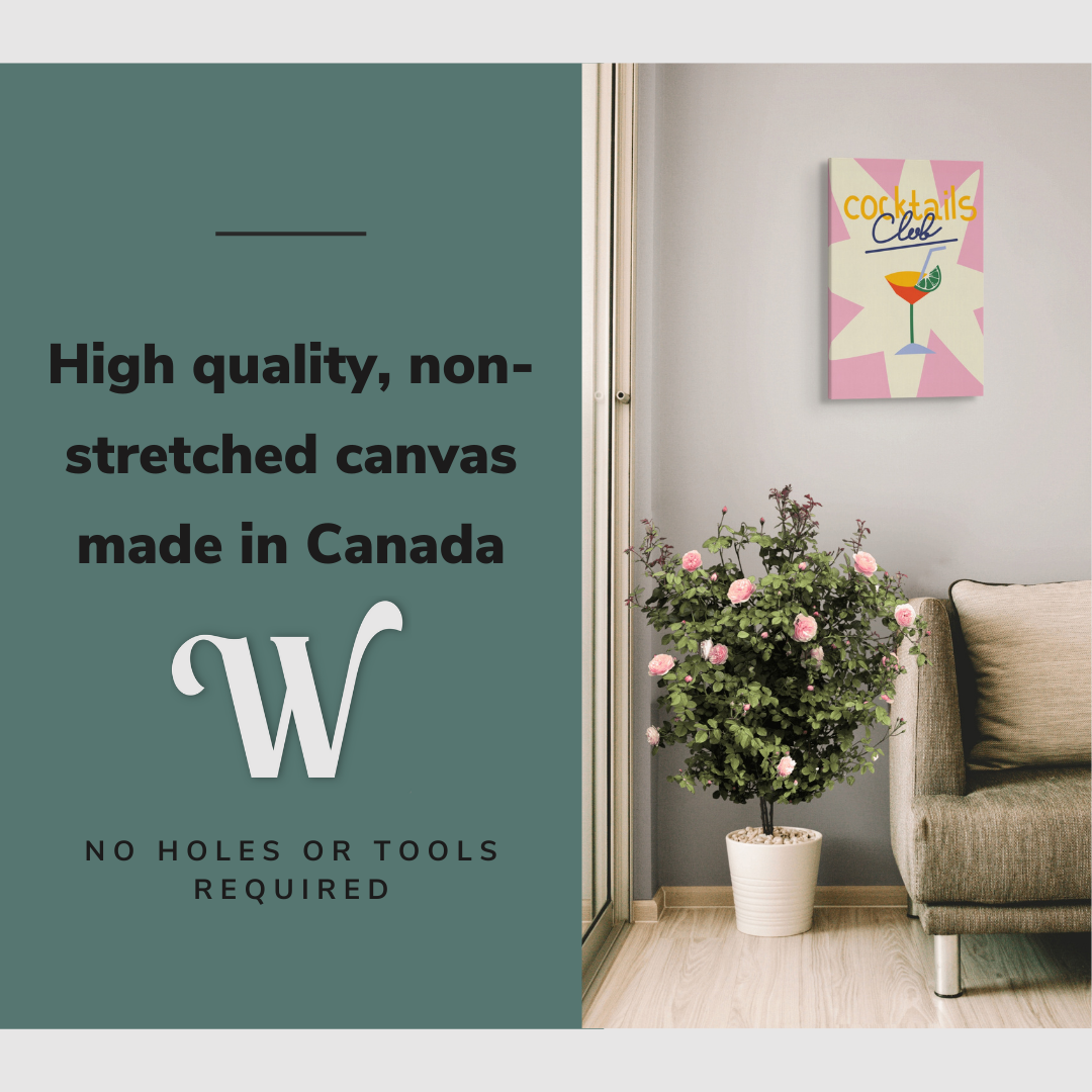 Lifestyle image of the vertical 16x24” inch easy to hang canvas wall art hung in a living room hung above a couch and rose bush with graphic saying "High quality, non-stretched canvas made in Canada"