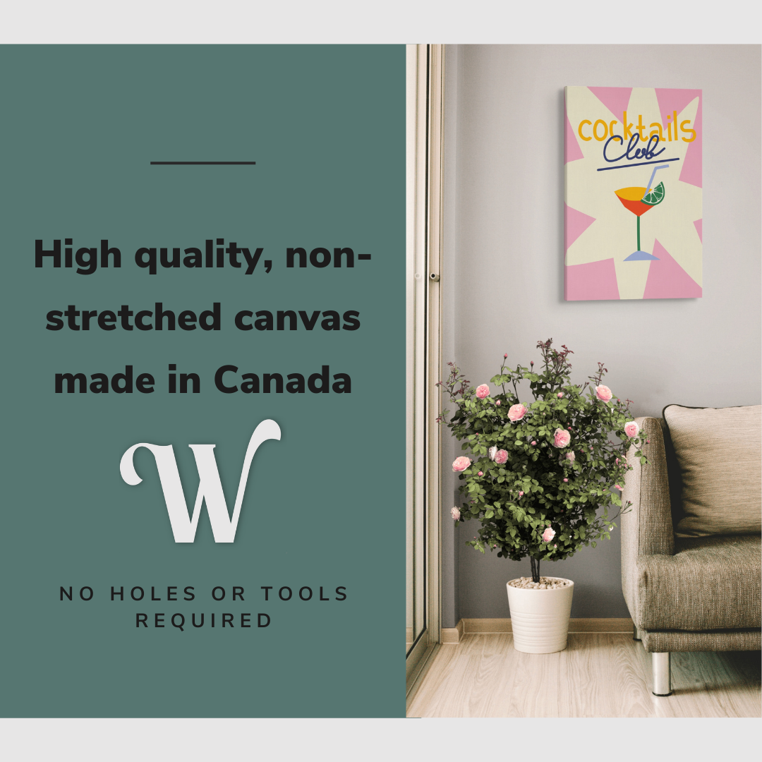 Lifestyle image of the vertical 20x30” inch easy to hang canvas wall art hung in a living room hung above a couch and rose bush with graphic saying "High quality, non-stretched canvas made in Canada"