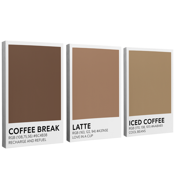 3 Panel, 2:3 vertical easy to hang canvas print on a transparent background featuring an image of three brown color swatches labeled "Coffee Break," "Latte" and "Iced Coffee" with the RBG codes and a cute short saying