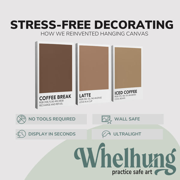 3 Panel, 2:3 vertical easy to hang canvas print on a graphic displaying the stress-free decorating Whelhung offers, how we reinvented hanging canvas: "no tools required", "wall safe"", "display in seconds" and "ultralight."