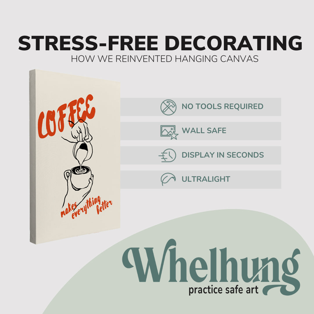Single, 2x3 ratio vertical easy to hang canvas prints on a graphic displaying the stress-free decorating Whelhung offers, how we reinvented hanging canvas: "no tools required", "wall safe", "display in seconds" and "ultralight." 