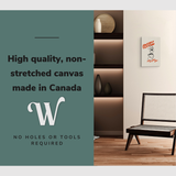 Lifestyle image of the vertical 12x18" easy to hang canvas wall art hung in a cozy book nook above a chair with graphic saying "High quality, non-stretched canvas made in Canada."