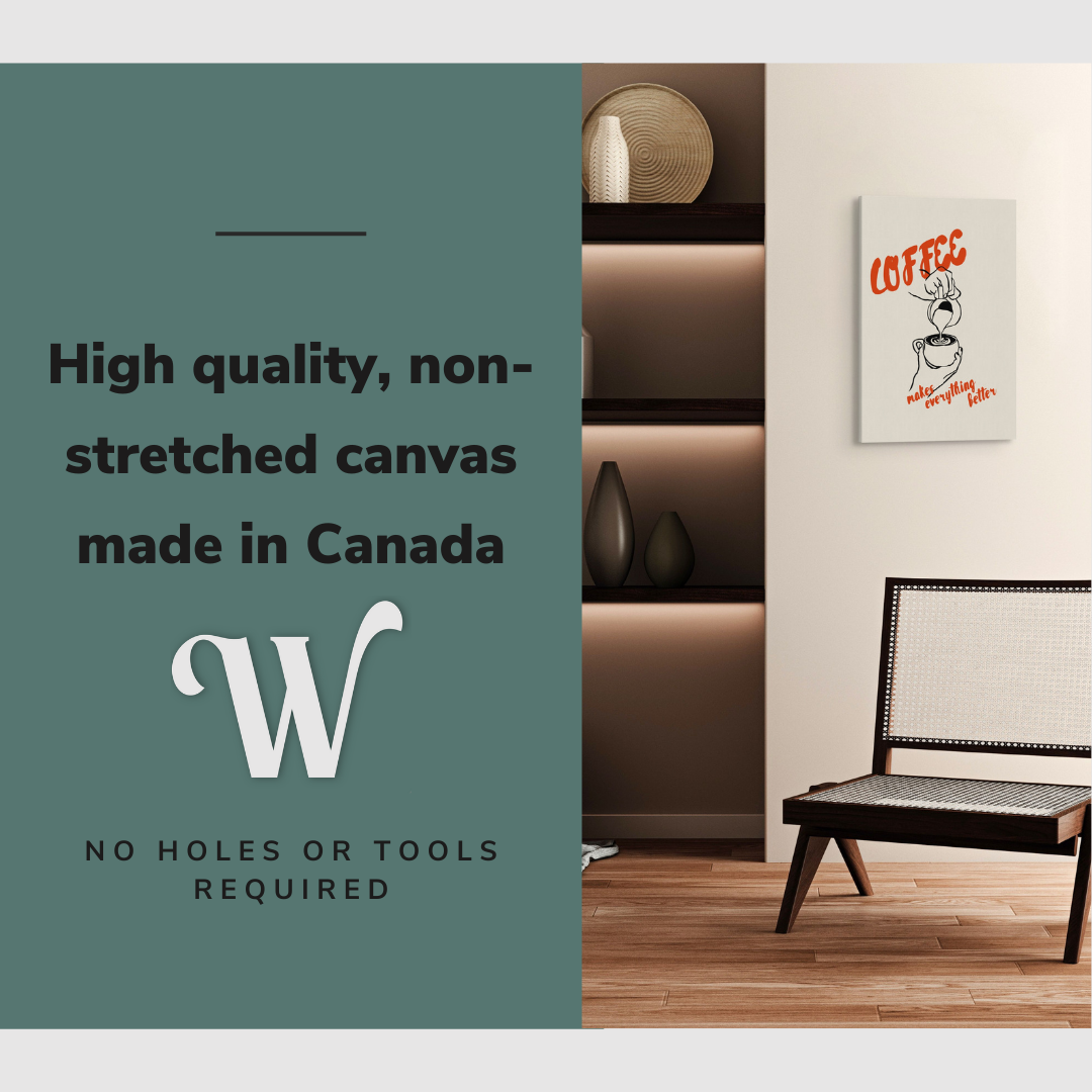 Lifestyle image of the vertical 16x24" easy to hang canvas wall art hung in a cozy book nook above a chair with graphic saying "High quality, non-stretched canvas made in Canada."