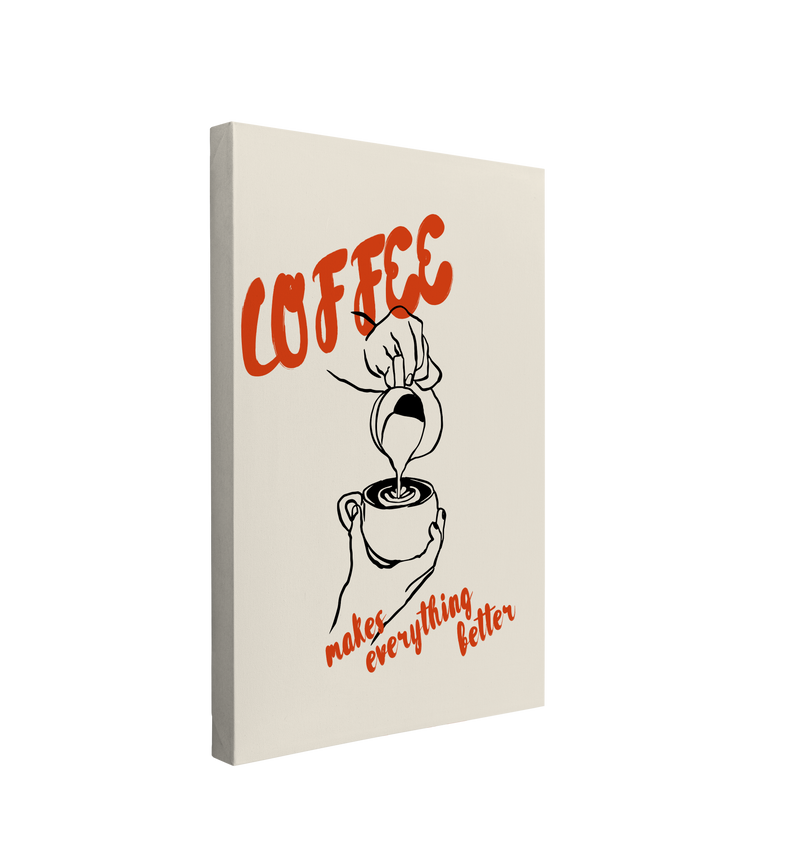 Single 2x3 ratio, vertical easy to hang canvas prints on a transparent background featuring a black graphic of steamed milk getting poured into a latte mug on a white background with red font "Coffee makes everything better"