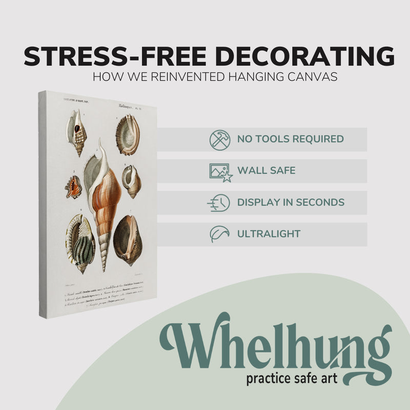 Single, 2:3 vertical easy to hang canvas prints on a graphic displaying the stress-free decorating Whelhung offers, how we reinvented hanging canvas: "no tools required", "wall safe", "display in seconds" and "ultralight."