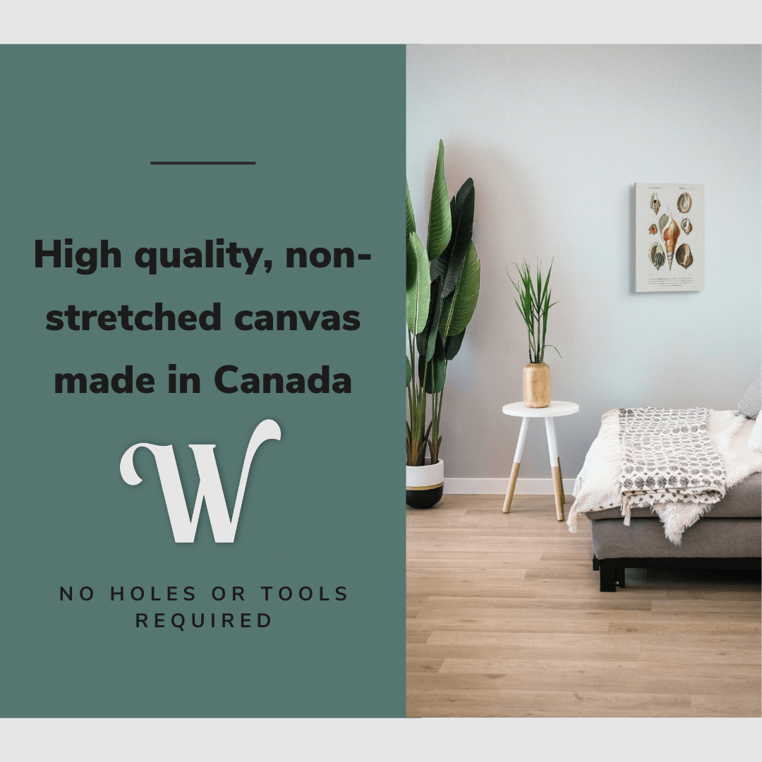 Lifestyle image of the vertical, 12x18" inch easy to hang canvas wall art hung in a coastal styled bedroom above a bed with graphic saying "High quality, non-stretched canvas made in Canada"