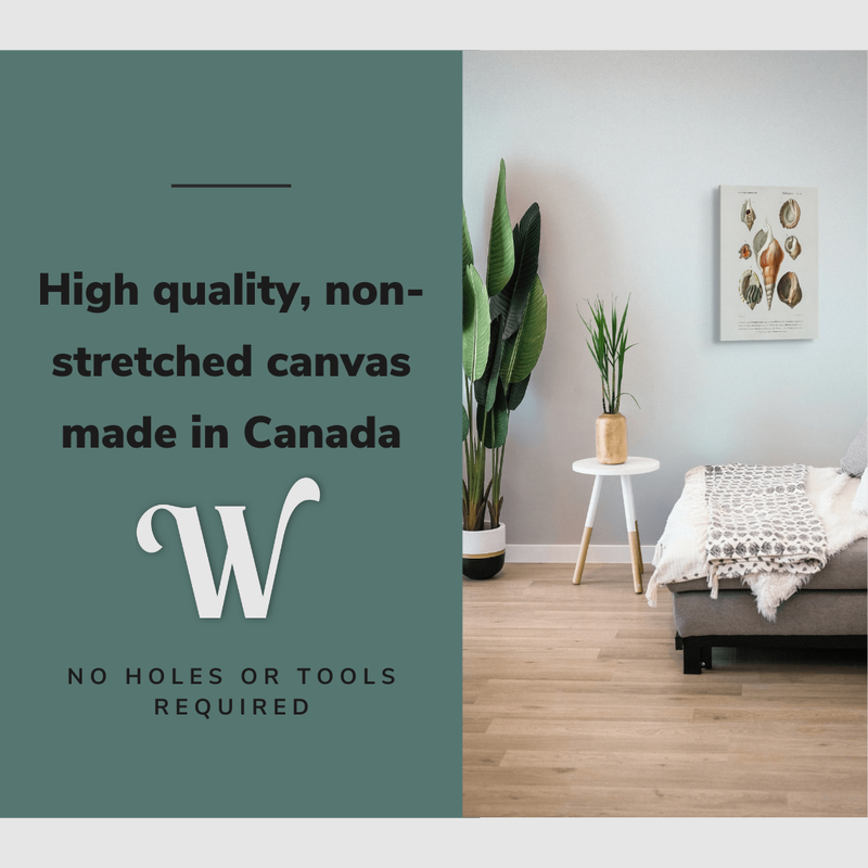 Lifestyle image of the vertical, 16x24" inch easy to hang canvas wall art hung in a coastal styled bedroom above a bed with graphic saying "High quality, non-stretched canvas made in Canada"