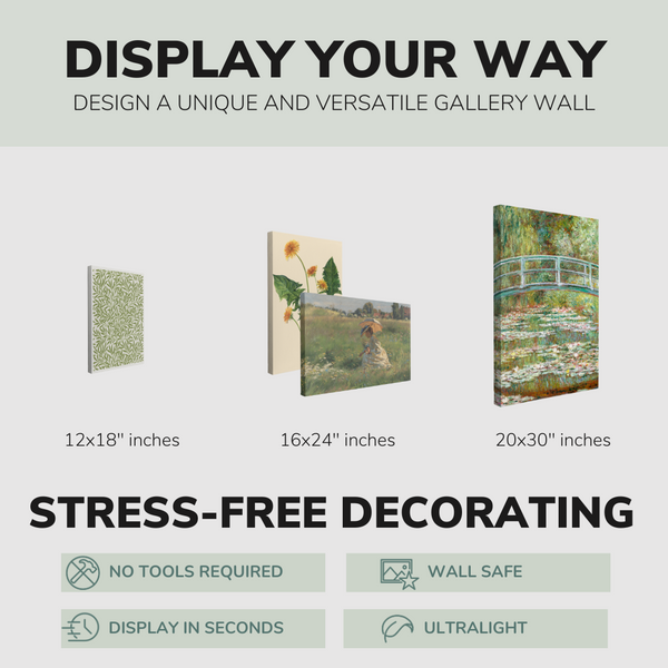 Set of 4”, 2:3 easy to hang canvas prints on a graphic displaying the sizes (12x18”, 16x24” or 20x30”) of the four canvases offered in this pack. Also includes bullets on the stress-free decorating Whelhung offers, "no tools required", "wall safe", "display in seconds" and "ultralight."