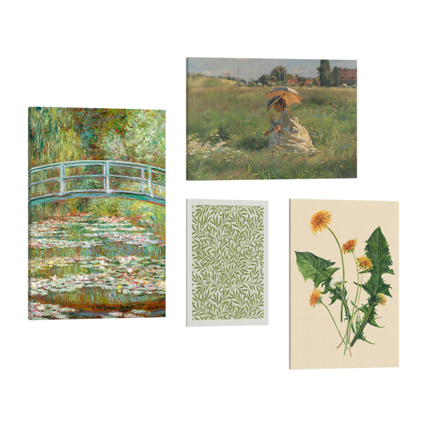 Set of 4, 2:3 easy to hang canvas prints of various sizes, 12x18”, 16x24” or 20x30” inches, on a transparent background featuring images of famous classic painting "Bridge over a Pond of Water Lillies" by Monet, a Victorian woman picking flowers under a parasol in a green meadow, a green and white print of vines and a minimalist painting of yellow and green dandelions.