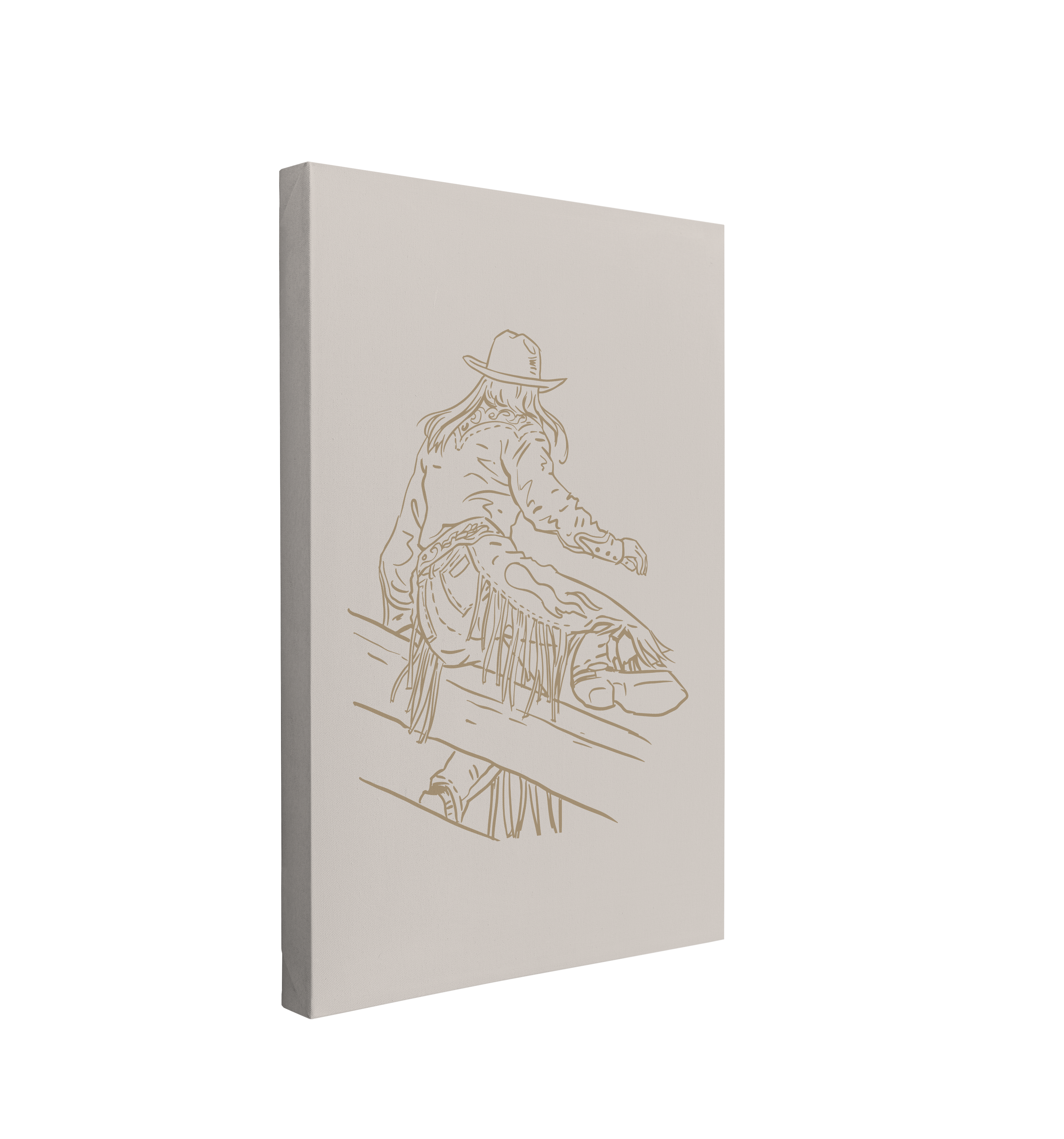 Single, 2:3 vertical easy to hang canvas print on a transparent background featuring an image of in  dark beige lineart of a owgirl hopping over a fence, wearing chaps, cowboy hat and a cowboy boots on a light beige background. 