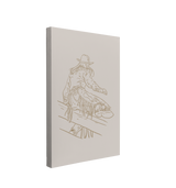 Single, 2:3 vertical easy to hang canvas print on a transparent background featuring an image of in  dark beige lineart of a owgirl hopping over a fence, wearing chaps, cowboy hat and a cowboy boots on a light beige background. 