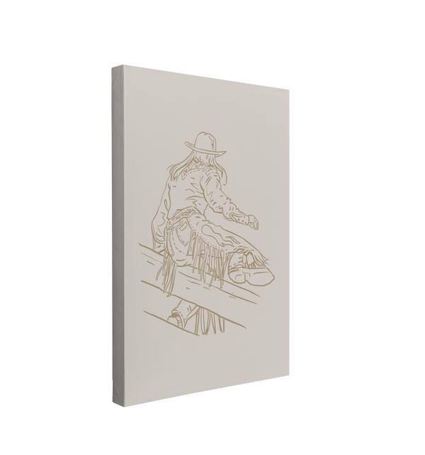 Single, 2:3 vertical easy to hang canvas print on a transparent background featuring an image of in  dark beige lineart of a owgirl hopping over a fence, wearing chaps, cowboy hat and a cowboy boots on a light beige background. 