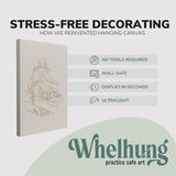 Single, 2:3 vertical easy to hang canvas print on a graphic displaying the stress-free decorating Whelhung offers, how we reinvented hanging canvas: "no tools required", "wall safe", "display in seconds" and "ultralight." 