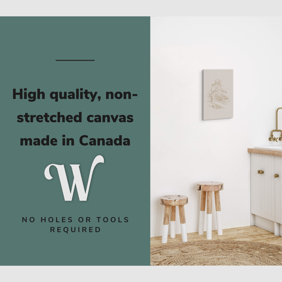 Lifestyle image of the vertical 16x24” inch easy to hang canvas wall art hung in a modern farmhouse kitchen beside a sink with graphic saying "High quality, non-stretched canvas made in Canada."