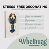 Single, 2:3 vertical easy to hang canvas print on a graphic displaying the stress-free decorating Whelhung offers, how we reinvented hanging canvas: "no tools required", "wall safe", "display in seconds" and "ultralight."