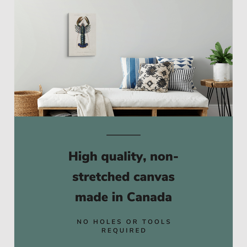 Lifestyle image of the vertical, 16x24” inch easy to hang canvas wall art hung in a coastal themed living room above the couch with graphic saying "High quality, non-stretched canvas made in Canada"