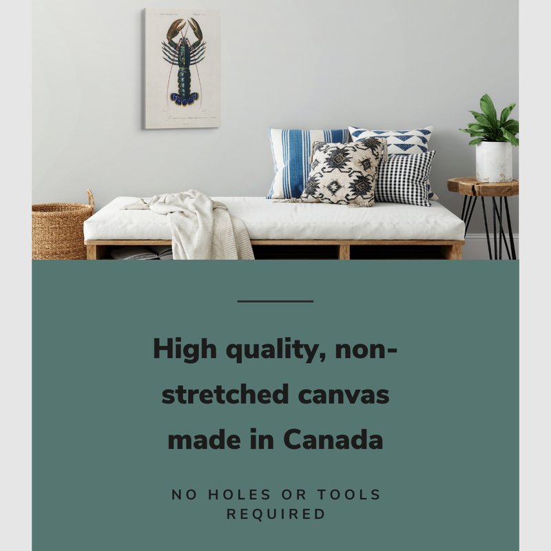 Lifestyle image of the vertical, 20x30” inch easy to hang canvas wall art hung in a coastal themed living room above the couch with graphic saying "High quality, non-stretched canvas made in Canada"