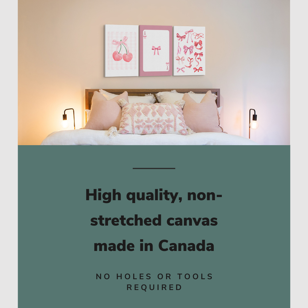 Lifestyle image of the vertical, 16x24” inch set of 3 easy to hang canvas wall art hung in a teenager's bedroom above the bed with graphic saying "High quality, non-stretched canvas made in Canada."