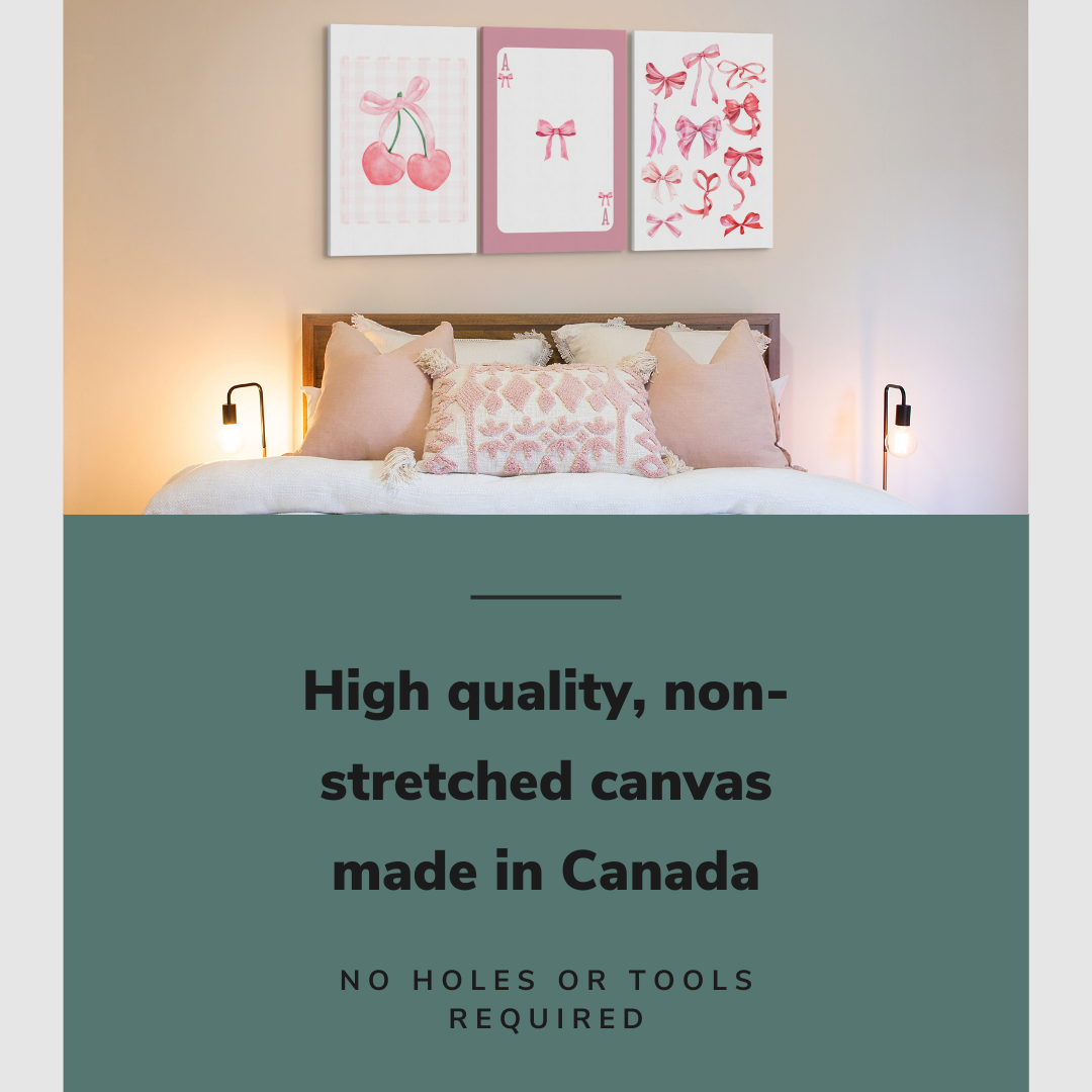 Lifestyle image of the vertical 20x30” inch set of 3 easy to hang canvas wall art hung in a teenagers bedroom above the bed with graphic saying "High quality, non-stretched canvas made in Canada"