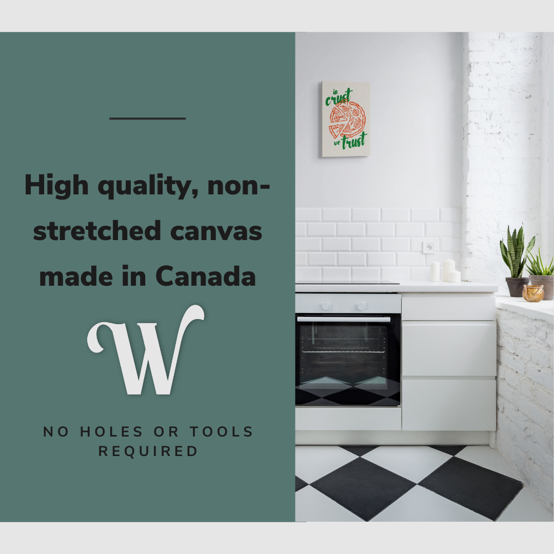 Lifestyle image of the vertical 12x18" inch easy to hang canvas wall art hung above a stove in a kitchen with graphic saying "High quality, non-stretched canvas made in Canada"