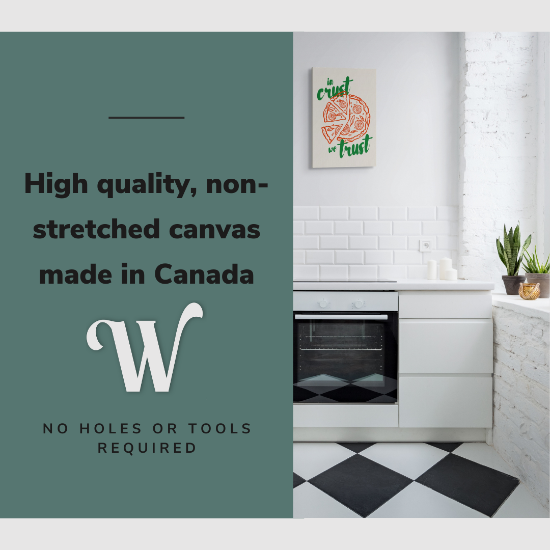 Lifestyle image of the vertical 16x24" inch easy to hang canvas wall art hung above a stove in a kitchen with graphic saying "High quality, non-stretched canvas made in Canada"