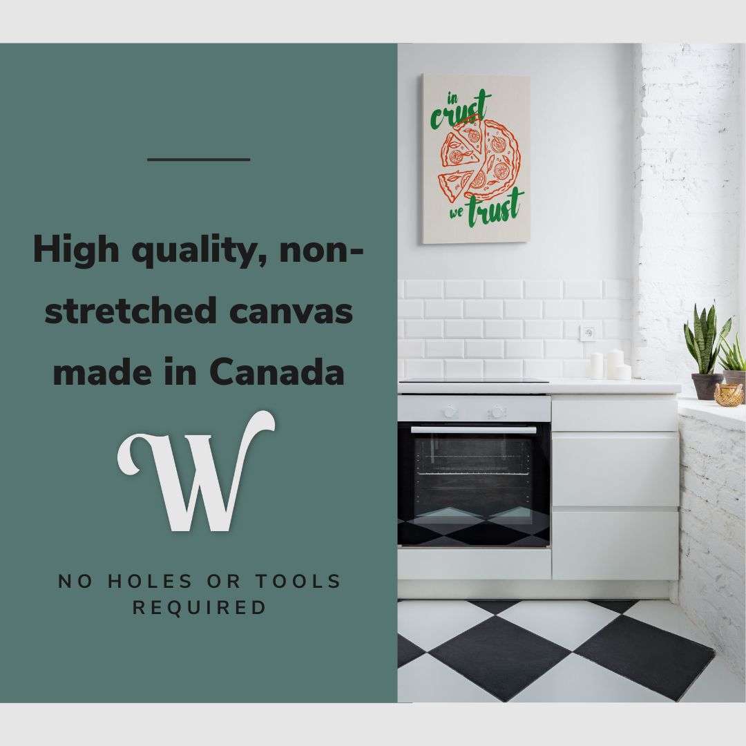 Lifestyle image of the vertical 20x30" inch easy to hang canvas wall art hung above a stove in a kitchen with graphic saying "High quality, non-stretched canvas made in Canada"