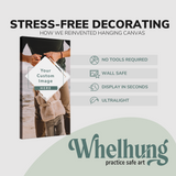 Single, 2:1 vertical easy to hang canvas print on a graphic displaying the stress-free decorating Whelhung offers, how we reinvented hanging canvas: "no tools required", "wall safe", "display in seconds" and "ultralight."