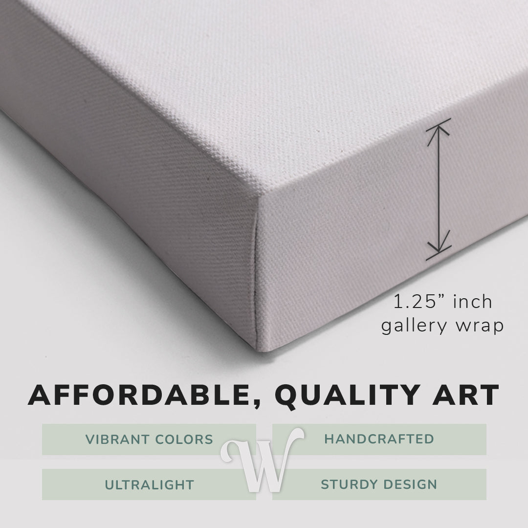 Corner shot of a Whelhung easy to hang canvas print showing the 1.25” inch gallery wrap thickness and graphic saying "Affordable, Quality Art", "Vibrant Colors", "Handcrafted", "Ultralight" and "Sturdy Design."elhung