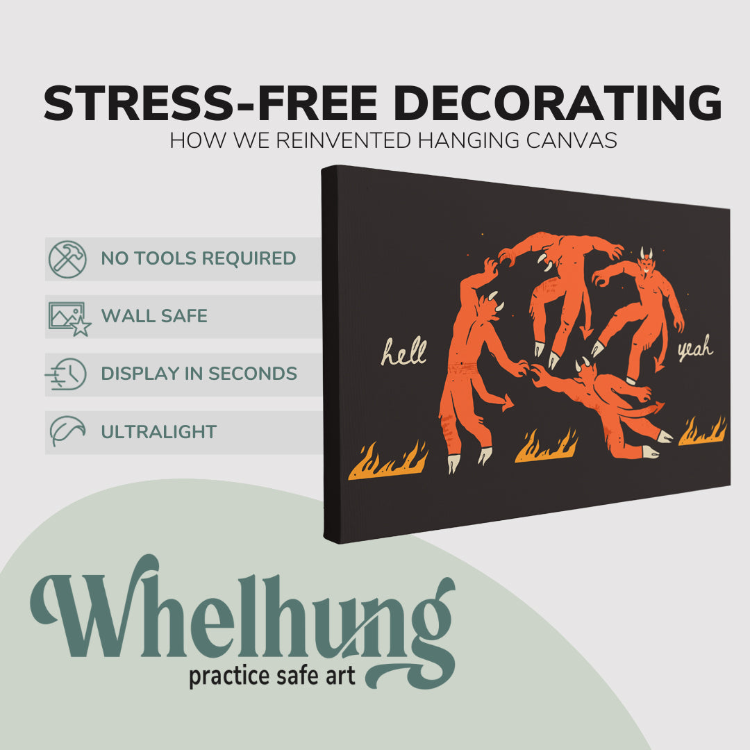 Single, 2:3 horizontal easy to hang canvas print on a graphic displaying the stress-free decorating Whelhung offers, how we reinvented hanging canvas: "no tools required", "wall safe", "display in seconds" and "ultralight." 