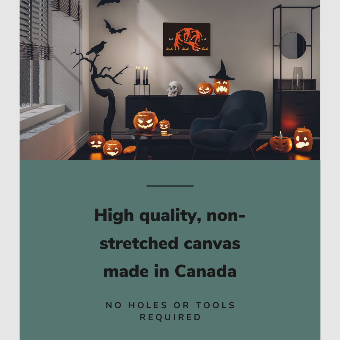 Lifestyle image of the horizontal, 20x30” inch easy to hang canvas wall art hung in a halloween decorated living room above a credenza and reading chair with graphic saying "High quality, non-stretched canvas made in Canada"