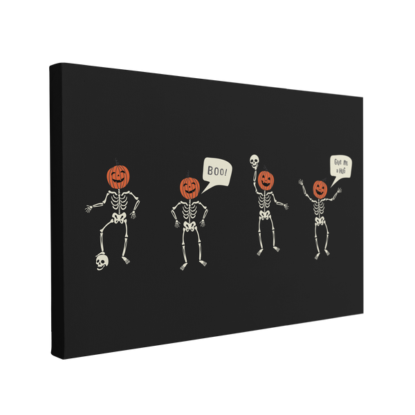 Single, 2:3 horizontal easy to hang canvas print on a transparent background featuring an image of four dancing cartoon white skeletons with orange jack-o-lantern heads with two saying "Boo!" and "Give me a hug" on a dar grey background. 