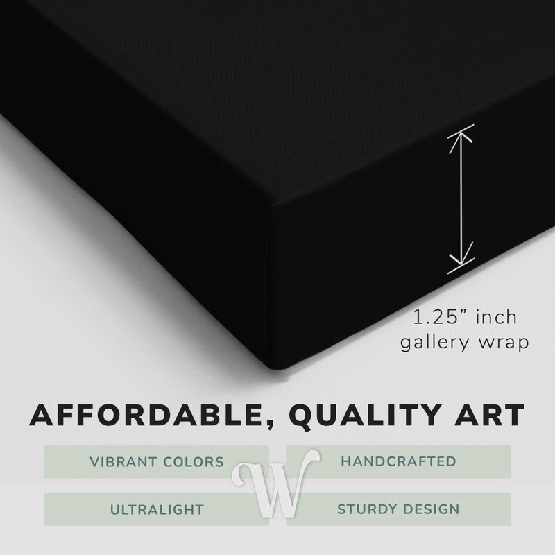 Corner shot of a Whelhung easy to hang canvas print showing the 1.25” inch gallery wrap thickness and graphic saying "Affordable, Quality Art", "Vibrant Colors", "Handcrafted", "Ultralight" and "Sturdy Design."