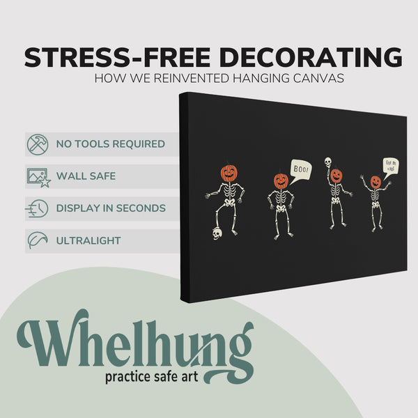 Single, 2:3 horizontal easy to hang canvas print on a graphic displaying the stress-free decorating Whelhung offers, how we reinvented hanging canvas: "no tools required", "wall safe", "display in seconds" and "ultralight." 