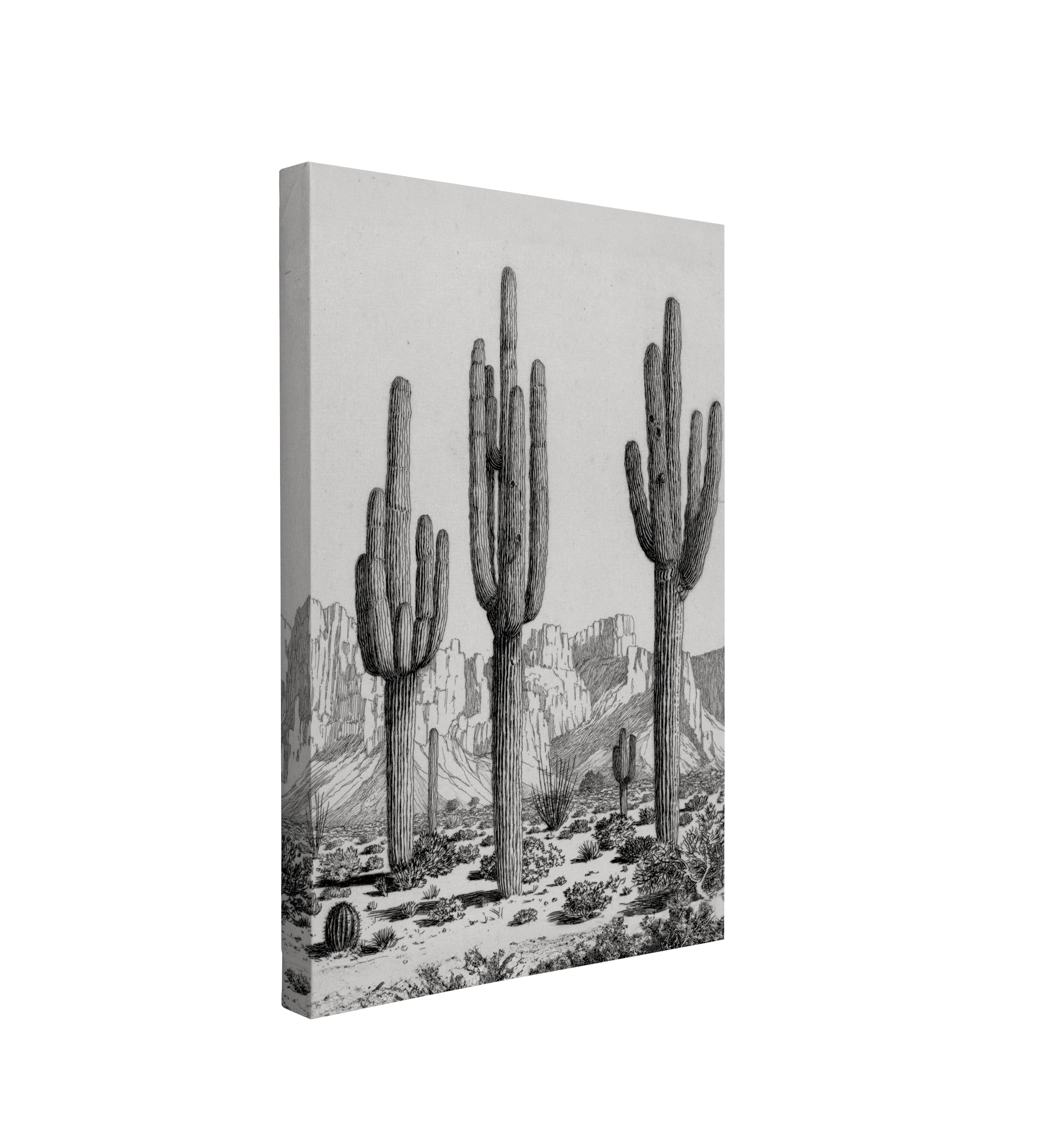 Single, 2:3 vertical easy to hang canvas print on a transparent background featuring an image of a black and white etching of three tall Saguaro cactus in a desert with mountains behind them. Black and white. 