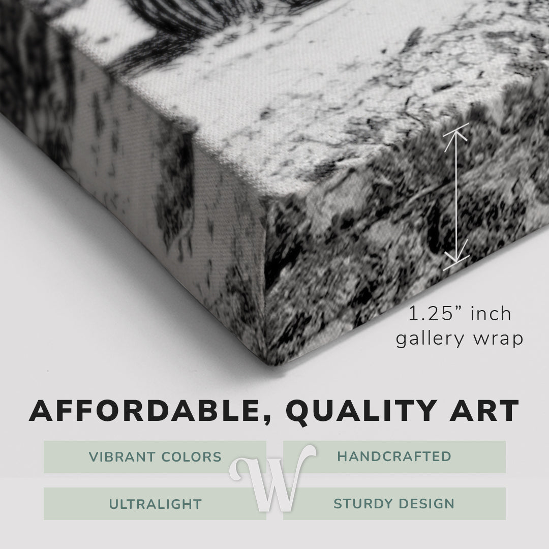 Corner shot of a Whelhung easy to hang canvas print showing the 1.25” inch gallery wrap thickness and graphic saying "Affordable, Quality Art", "Vibrant Colors", "Handcrafted", "Ultralight" and "Sturdy Design."